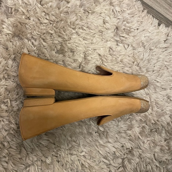 Stuart Weitzman Suede Tan Gold Studded Round Toe Ballet Flats - Picture 8 of 15
